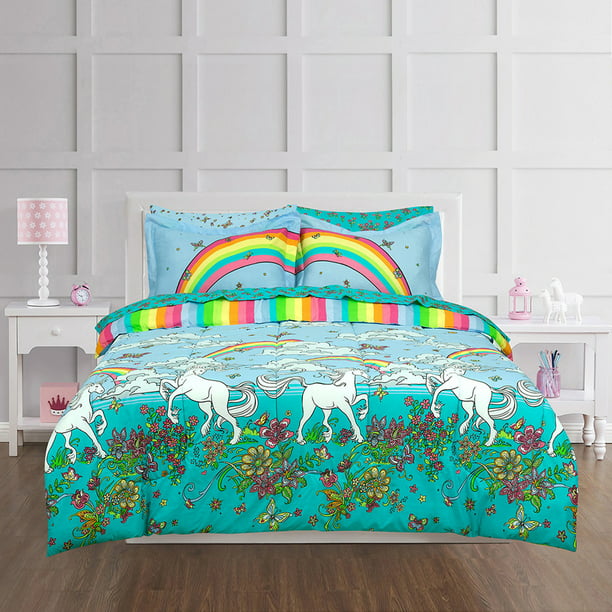 Kids Rainbow Unicorn Bed in a Bag Complete Bedding Set Comforter Sheets Sham 